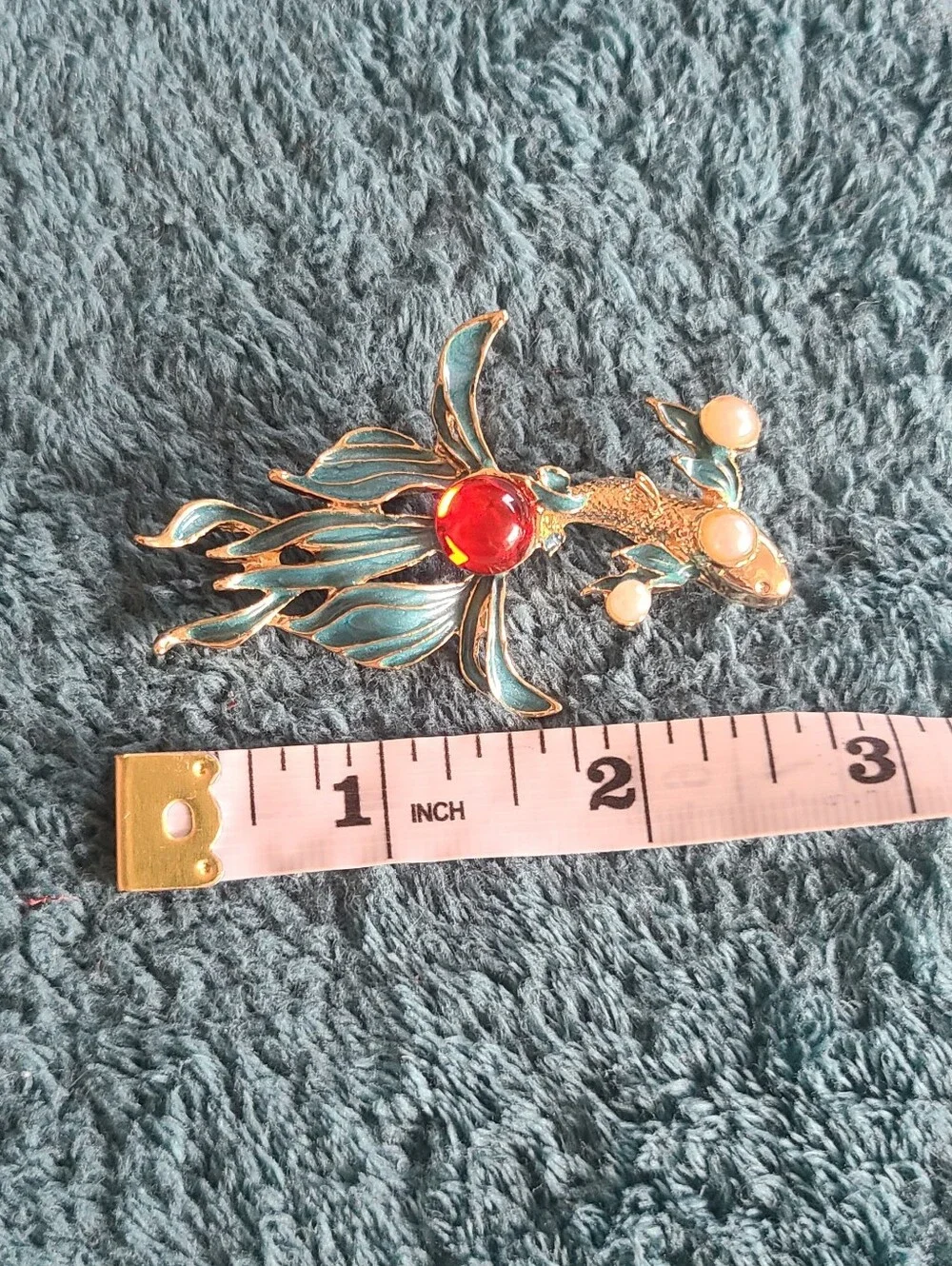 Vintage Gold-tone Teal Enamel Koi Brooch with Red Cabochon and Pearl Accents